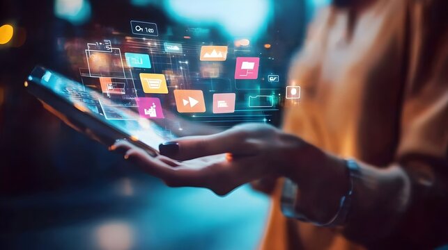 A person holding a tablet with floating digital marketing icons, representing modern business strategies, Digital marketing, online business, data analytics, social media, mobile technology, communica