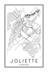 Printable downtown road map poster of the Canadian city of JOLIETTE on solid white background with city name