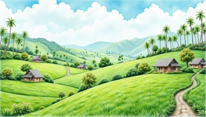 Fototapeta premium The artwork captures the serene beauty of the Javanese landscape, with lush green fields stretching towards a distant horizon