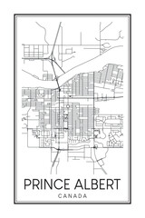 Printable downtown road map poster of the Canadian city of PRINCE ALBERT on solid white background with city name