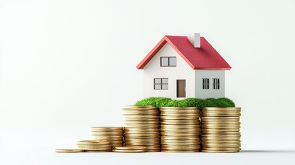Property for sale rent, Home, Investment. Miniature house sits atop stacks of coins, symbolizing real estate investment and financial growth.
