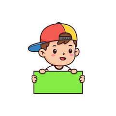 Cartoon Boy Holding Blank Green Sign Wearing Colorful Baseball Cap