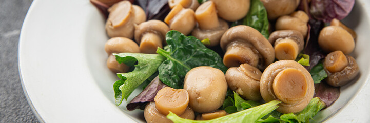 Champignon salad green lettuce canned mushrooms fresh delicious gourmet food background on the table rustic food top view copy space keto and paleo diet vegetarian and vegan food
