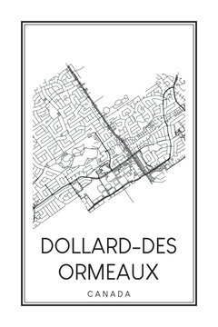Printable downtown road map poster of the Canadian city of DOLLARD-DES ORMEAUX on solid white background with city name