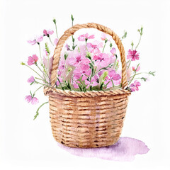 Obraz premium Watercolor painting of straw basket filled with wildflowers. Spring or summer season.