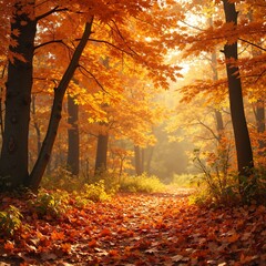 Obraz premium Autumn forest path with colorful orange leaves