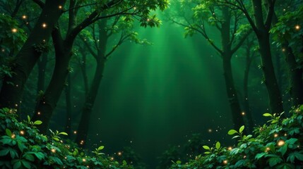 Obraz premium Enchanted Forest at Dusk Glowing Lights Amidst Lush Greenery and Ancient Trees