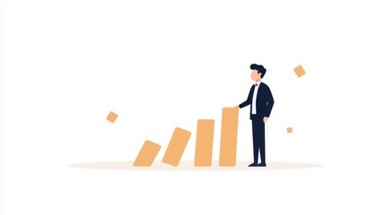 Minimalist vector image of a man halting dominoes mid-fall, illustrating resilience and problem-solving.
