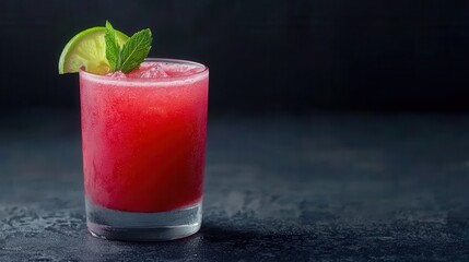 A refreshing pink drink garnished with a lime slice and mint leaves, served in a glass against a dark background.