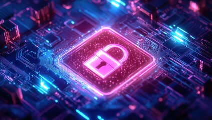 Bright Neon Lock Icon on Digital Circuit Board Background Representing Cybersecurity and Data Protection in Modern Technology Landscape
