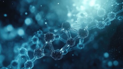 Ethereal blue molecular structure with glowing connections on dark background with bokeh effect