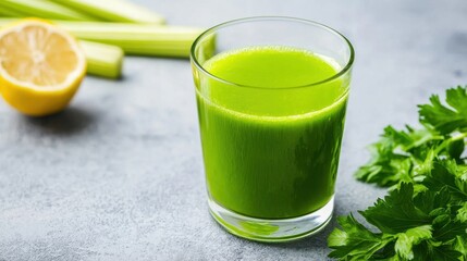 Fototapeta premium A vibrant green juice in a glass, surrounded by fresh celery, lemon, and cilantro, exuding a refreshing and healthy vibe.