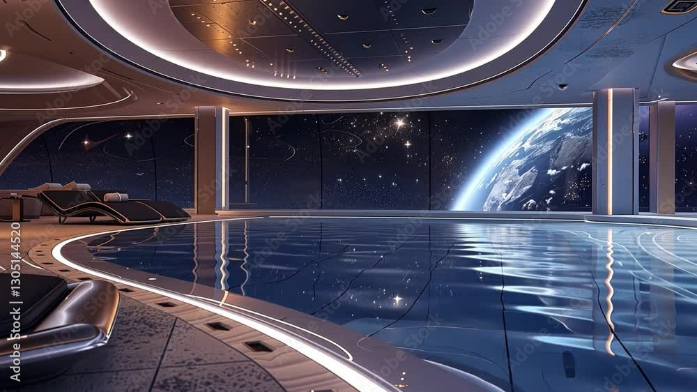 Poster this visitors relax in a futuristic hotel with a swimming pool and stunning views of outer space.