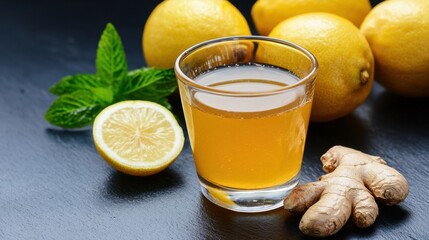 Fototapeta premium A refreshing glass of ginger-lemon drink garnished with mint leaves, surrounded by fresh lemons and ginger roots on a dark surface.