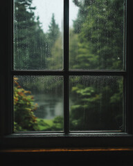 Rainy day view through a window pane.