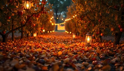 a path lined with trees and lit lanterns