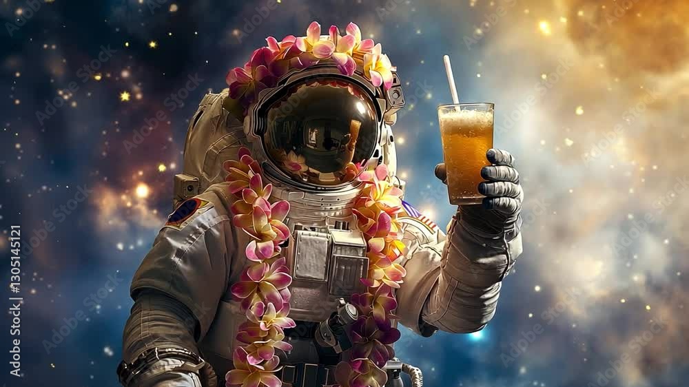 Aufkleber this astronaut enjoys a tropical beverage while floating in zero gravity, adorned with flowers.