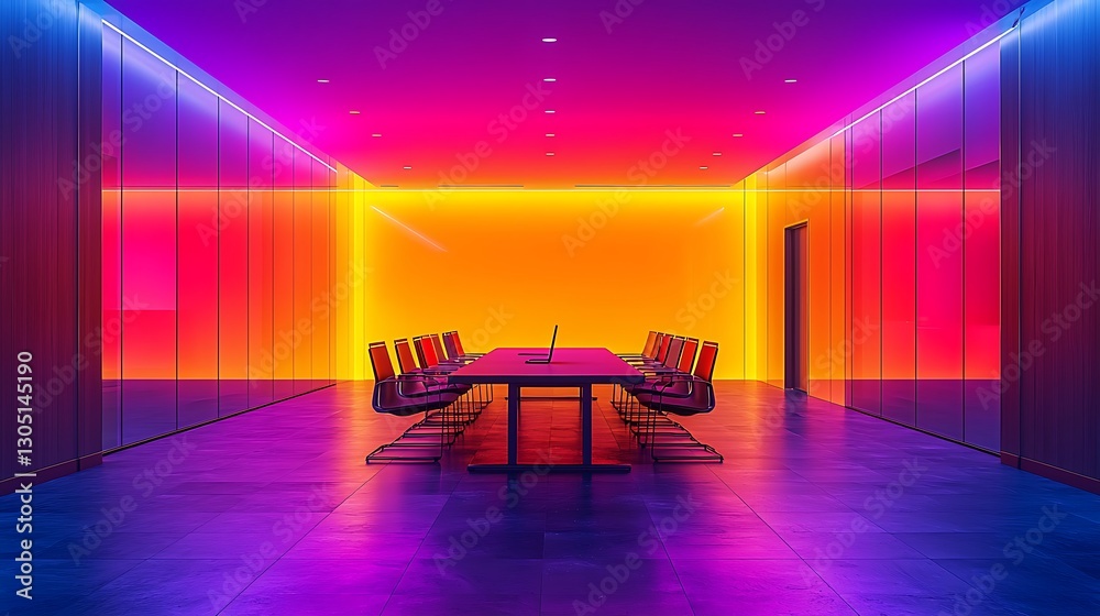 Poster empty modern conference room with table and chairs under colorful ceiling lights
