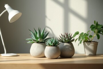 A Group of Potted Plants Sitting on a Table Next to a Lamp - Generative AI