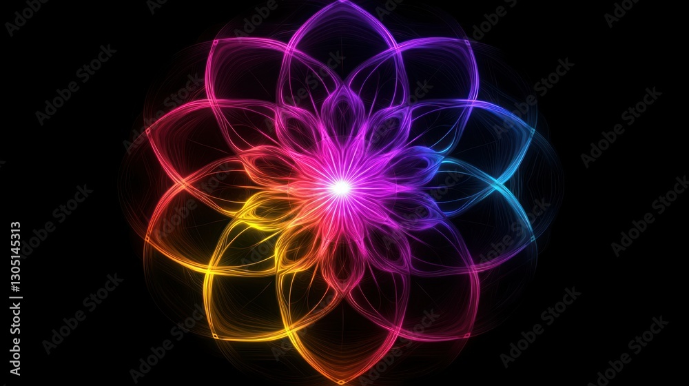 Wall mural a dynamic radial burst pattern in neon colors, creating a glowing effect on a black background.