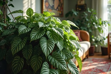 Fototapeta premium A Large Green Plant Sitting in a Living Room Next to a Couch - Generative AI