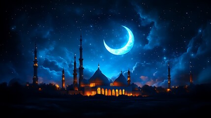 Fototapeta premium Nighttime Mosque Scene Under Crescent Moon and Stars