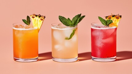 A vibrant display of three refreshing cocktails garnished with mint and pineapple on a soft pink background.