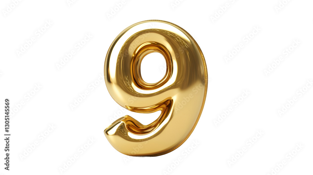 Poster golden metallic number 9 balloon floating, reflecting light against transparent surface