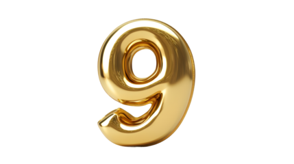 Golden metallic number 9 balloon floating, reflecting light against transparent surface