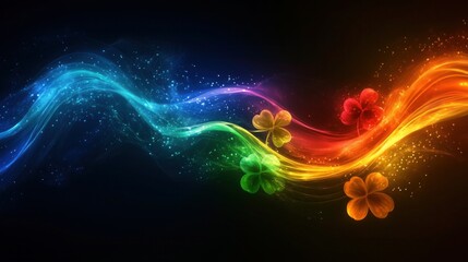 Vibrant, multicolored flowing waves in shades of blue, green, red, and orange, interspersed with colorful four - leaf clovers, set against a dark background
