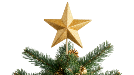 Christmas tree top decorated with a golden glitter star and pine cones, isolated on transparent background