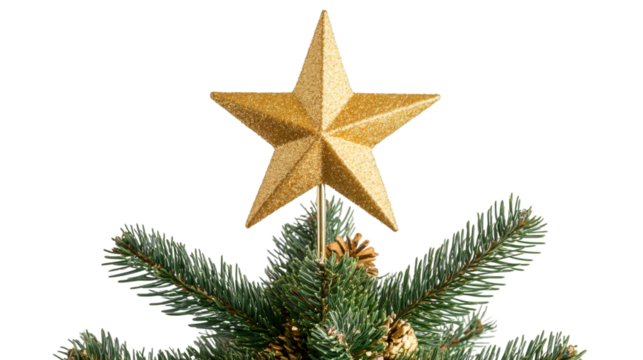 Christmas tree top decorated with a golden glitter star and pine cones, isolated on transparent background