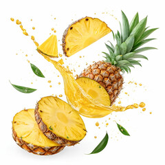 Pineapple slices with juice splashing in the air on a transparent background.
