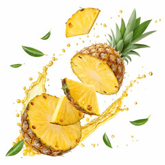 Pineapple slices with juice splashing in the air on a transparent background.