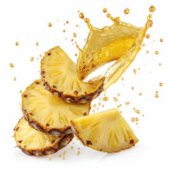 Pineapple slices with juice splashing in the air on a transparent background.