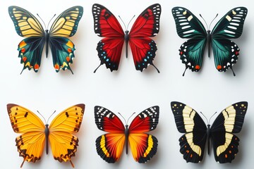 Collection of Six Vibrant Exotic Butterflies on White Background Colorful Insect Wings Nature