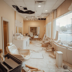 A beauty salon under renovation.  The space is filled with debris and tools, showing a work in progress.
