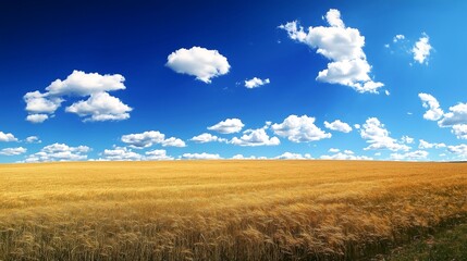 Wheat field under a clear blue sky with fluffy clouds