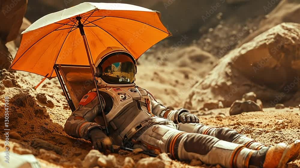 Poster this passengers enjoy a moment of relaxation under an umbrella in a suborbital space setting.
