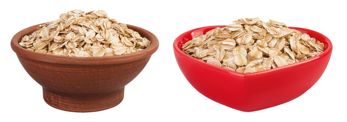 Oat flakes in brown ceramic bowl isolated on white background with full depth of field