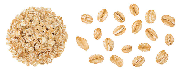 Oat flakes heap in isolated on white background with full depth of field. Top view. Flat lay