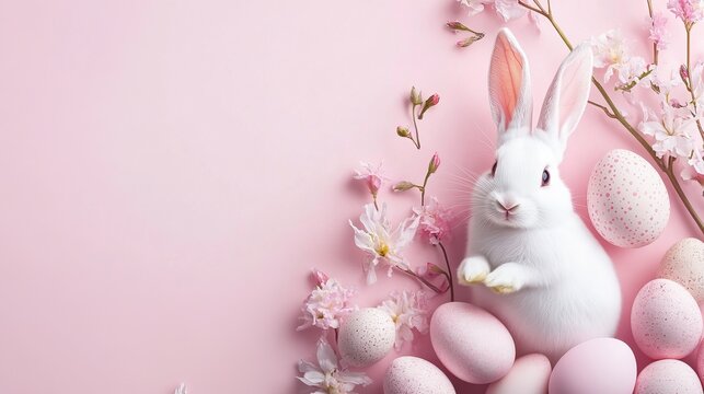 Colorful Easter celebration with bright Easter eggs and lively rabbits, set against a soft pink background. Very suitable for holiday decoration, holiday greetings, and spring themes.