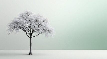 Serene Winter Landscape: A snow-laden tree stands alone against a tranquil, pale green backdrop. Minimalist beauty in winter's embrace.