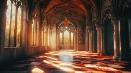 Obraz premium Sunlit Gothic Cathedral Corridor