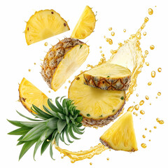 Pineapple slices with juice splashing in the air on a transparent background.