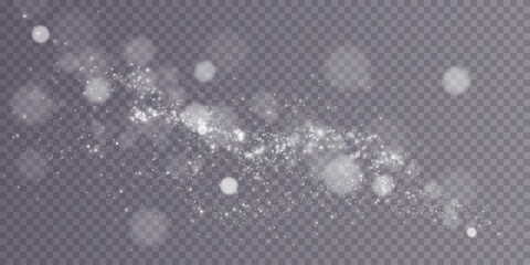 A sparkling white magic dust effect with glowing bokeh lights and twinkling particles on a transparent background, ideal for fantasy and festive designs.