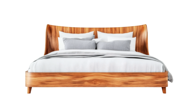 Comfortable and stylish wooden bed with white sheets, gray pillows and transparent background, perfect for interior design projects