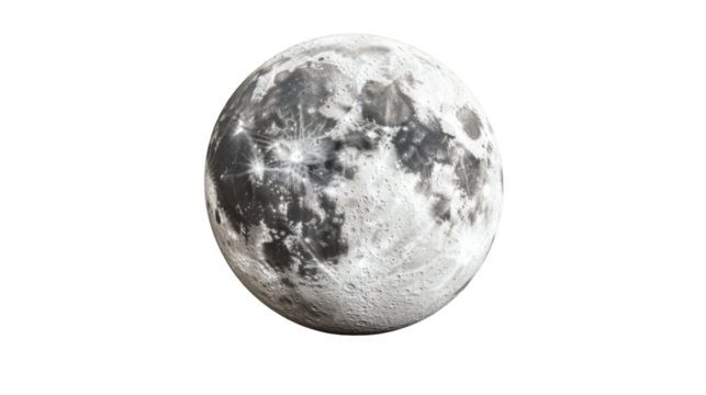 Photorealistic 3D rendering of the full Moon rotating slowly against a transparent background, ideal for space-themed projects