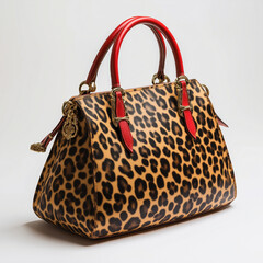Leopard print handbag with red accents.
