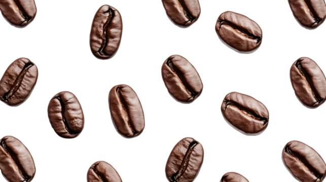 Seamless pattern of roasted coffee beans falling on transparent background, ideal for cafe, restaurant or coffee shop promotion - Powered by Adobe